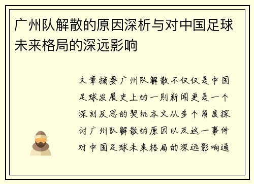 广州队解散的原因深析与对中国足球未来格局的深远影响