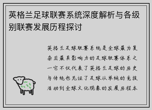 英格兰足球联赛系统深度解析与各级别联赛发展历程探讨