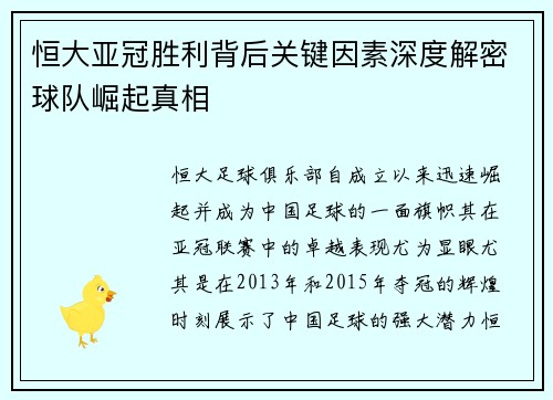 恒大亚冠胜利背后关键因素深度解密球队崛起真相