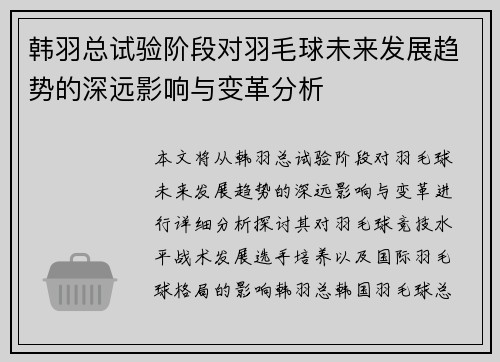 韩羽总试验阶段对羽毛球未来发展趋势的深远影响与变革分析